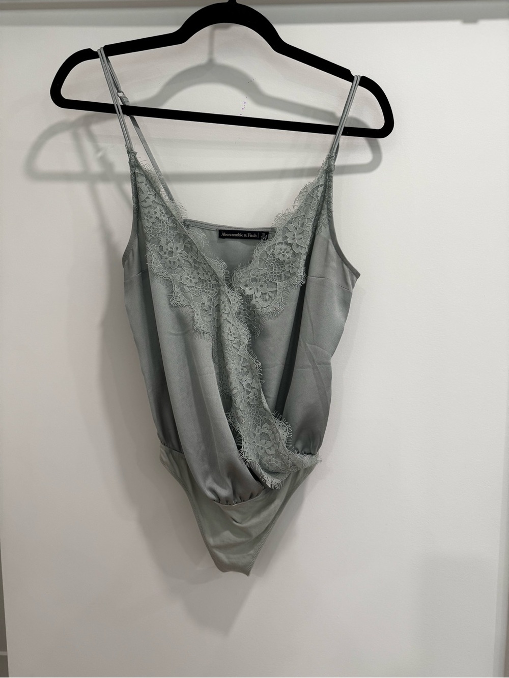 Abercrombie & Fitch Sage Green Lace-Trim Satin Bodysuit